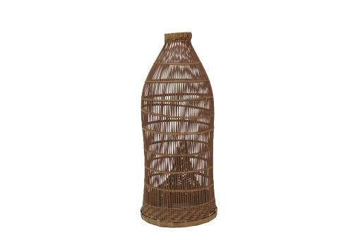 Tall, slender bamboo Fish Trap (Bubu) with a conical shape and woven grid pattern.