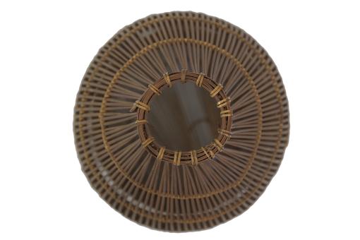 Top view of a tall, slender bamboo Fish Trap (Bubu) with a conical shape and woven grid pattern.