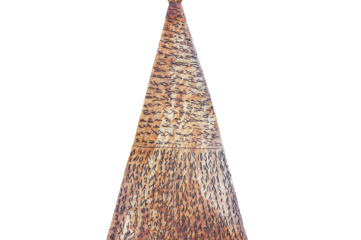 A triangular amulet with various images etched into its surface
