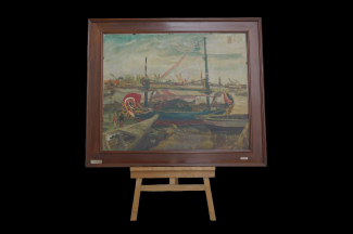 A painting of a port displayed on an easel on a black background