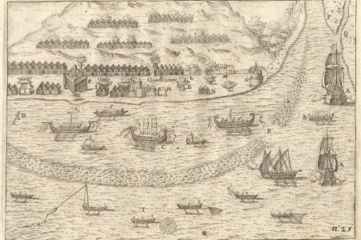 A depiction of a seascape with various boats, a hilly landscape in the distance dotted with buildings